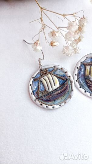 Серьги керамические кораблики ручная работа