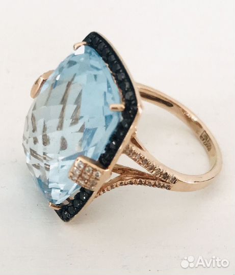 Золотое кольцо топаз 2 см чер,бел.брилл