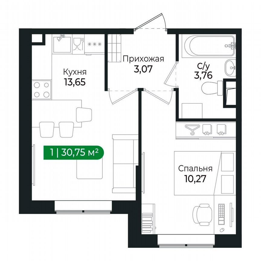 1-к. квартира, 30,8 м², 1/8 эт.