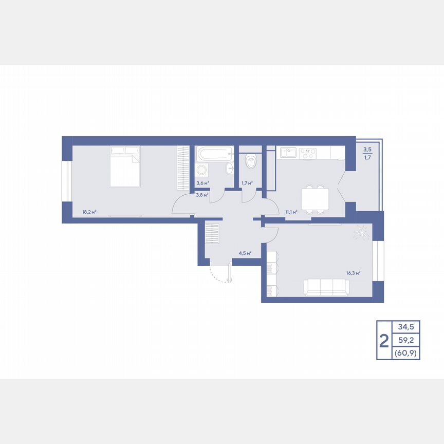 2-к. квартира, 60,9 м², 10/17 эт.