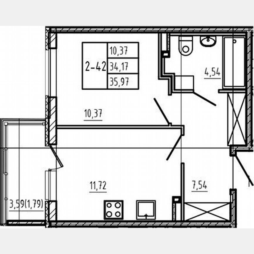 1-к. квартира, 34,4 м², 2/4 эт.