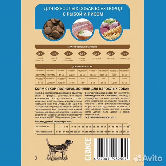 Сухой корм для собак Glance с рыбой и рисом 20 кг