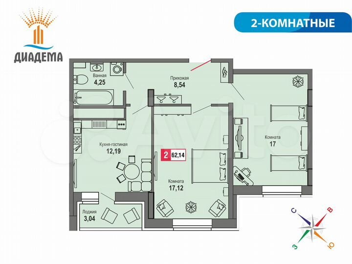 2-к. квартира, 62,1 м², 13/24 эт.
