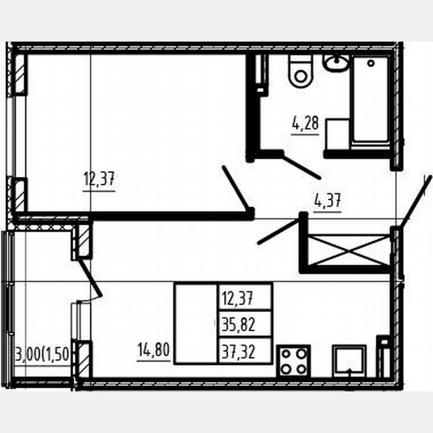 1-к. квартира, 35,8 м², 3/4 эт.