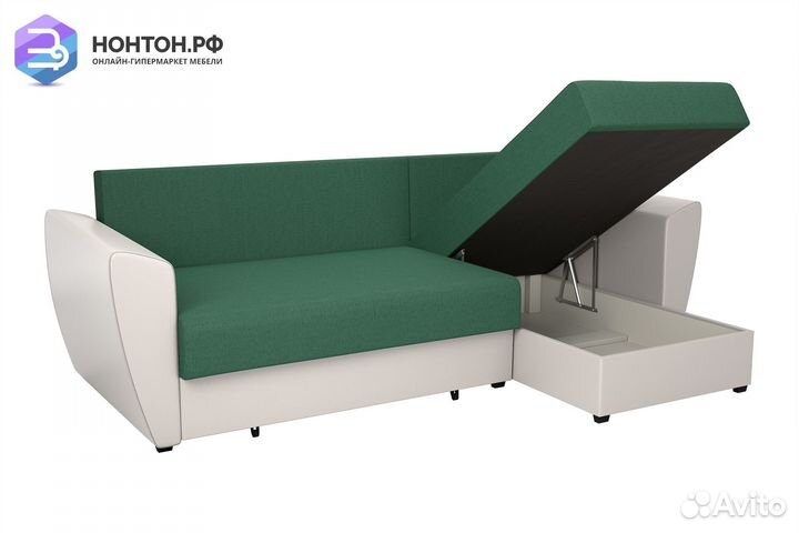 Диван угловой выкатной София зеленый / белый