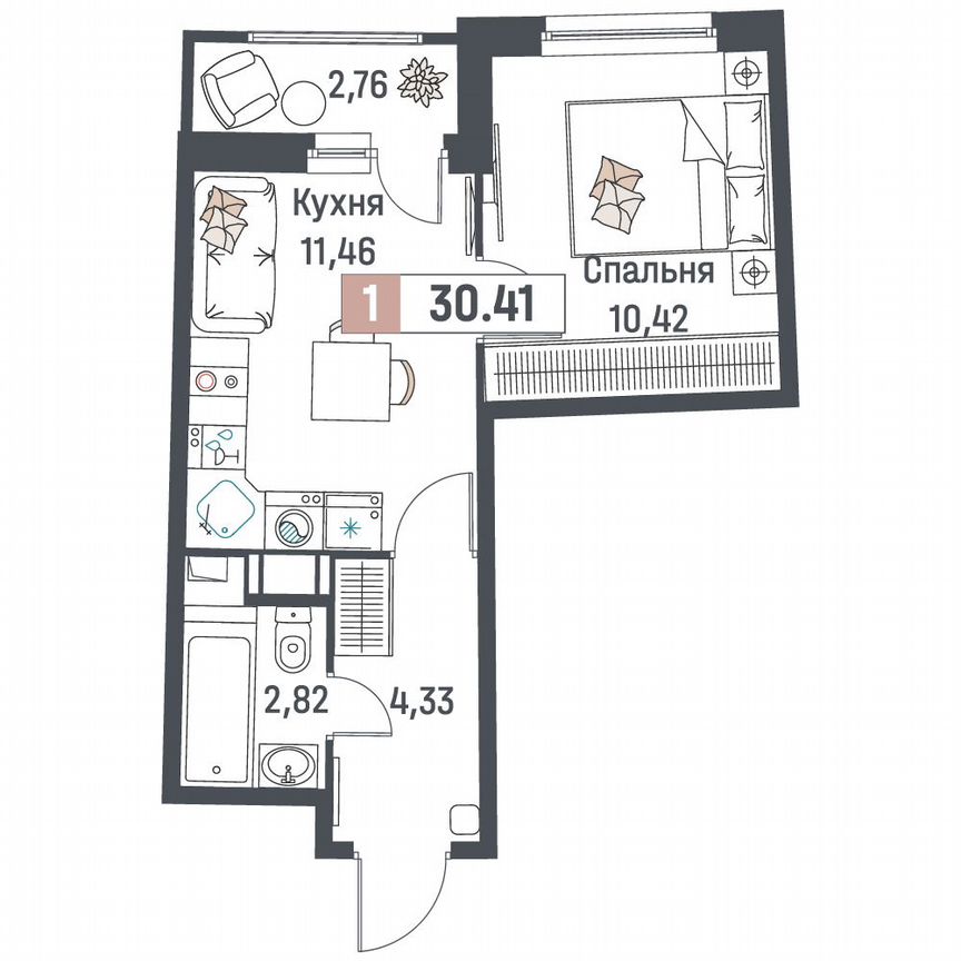 1-к. квартира, 30,4 м², 10/18 эт.