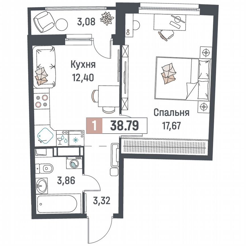 1-к. квартира, 38,8 м², 12/18 эт.