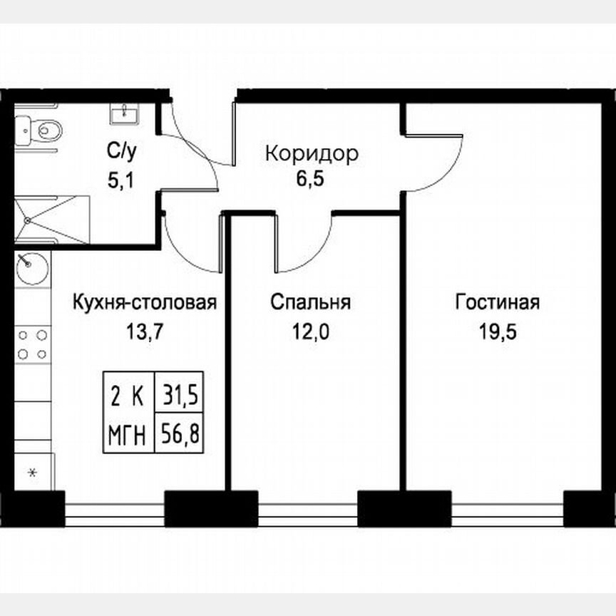 2-к. апартаменты, 56,8 м², 10/30 эт.