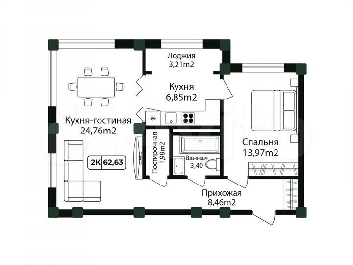 2-к. квартира, 62,6 м², 11/12 эт.