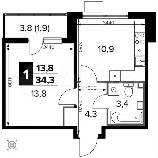 1-к. квартира, 34,3 м², 10/14 эт.