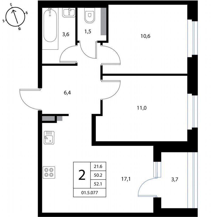2-к. квартира, 52,1 м², 2/3 эт.
