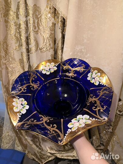 Ваза богемия оригинал лепка смальта синяя