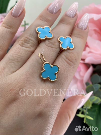 Золотой комплект клевера с бирюзой 585