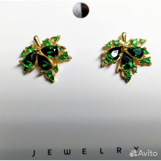 Серьги гвоздики зелёные листья клена, новые