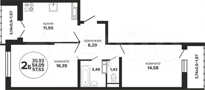 2-к. квартира, 57,5 м², 18/24 эт.