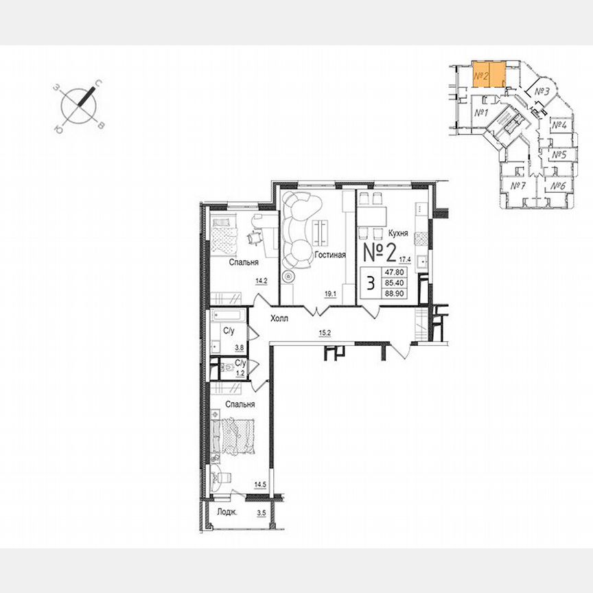 3-к. квартира, 89,2 м², 17/17 эт.
