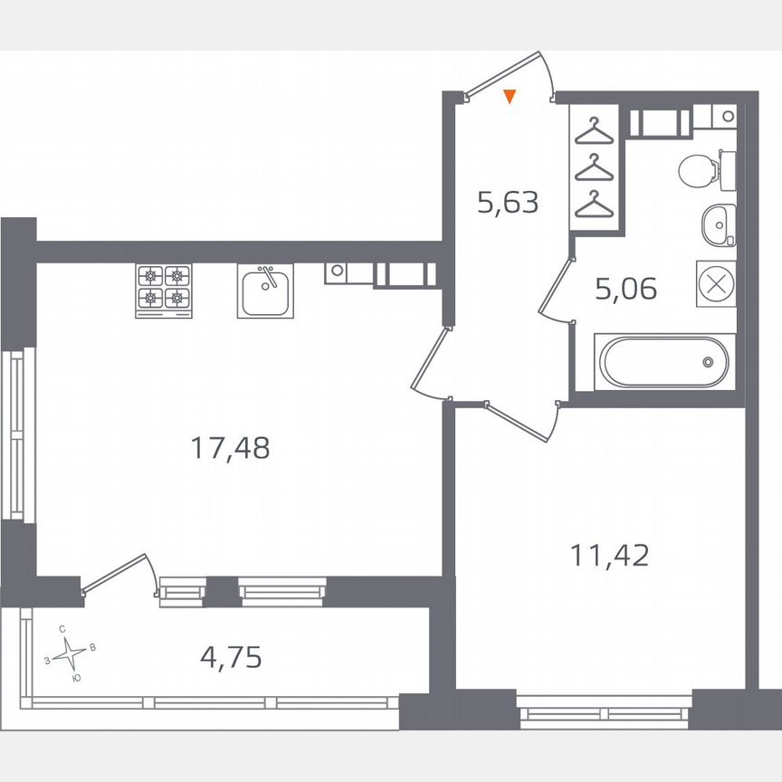 1-к. квартира, 42 м², 4/15 эт.