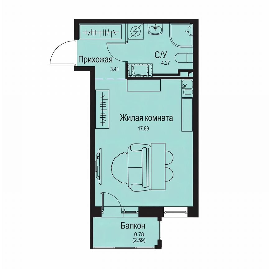 Квартира-студия, 26,4 м², 3/9 эт.