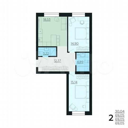 2-к. квартира, 69,1 м², 2/6 эт.