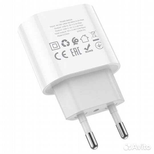 Сетевой Адаптер Зарядки 1xUSB+USB-C, 2,4A (12W)