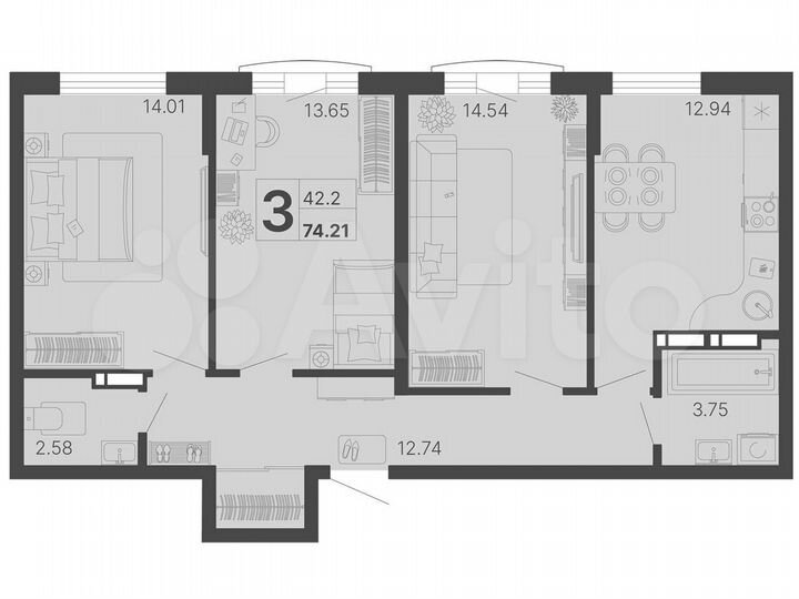 2-к. квартира, 69,3 м², 6/20 эт.