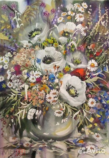 Акварели авторские А3 Пионы Маки Ромашки