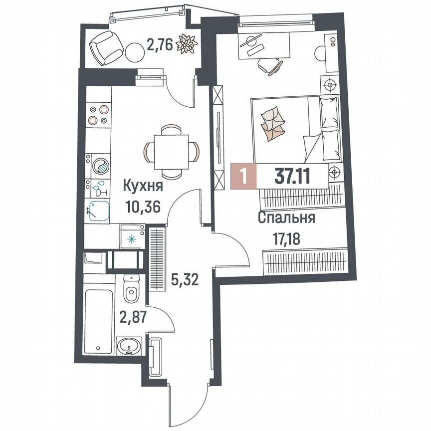 1-к. квартира, 37,1 м², 8/18 эт.
