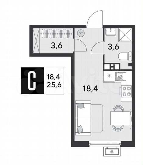 Квартира-студия, 25,6 м², 5/9 эт.