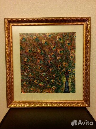 Картина павлин, вышивка, бисер