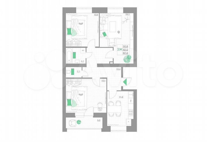 3-к. квартира, 87 м², 1/5 эт.