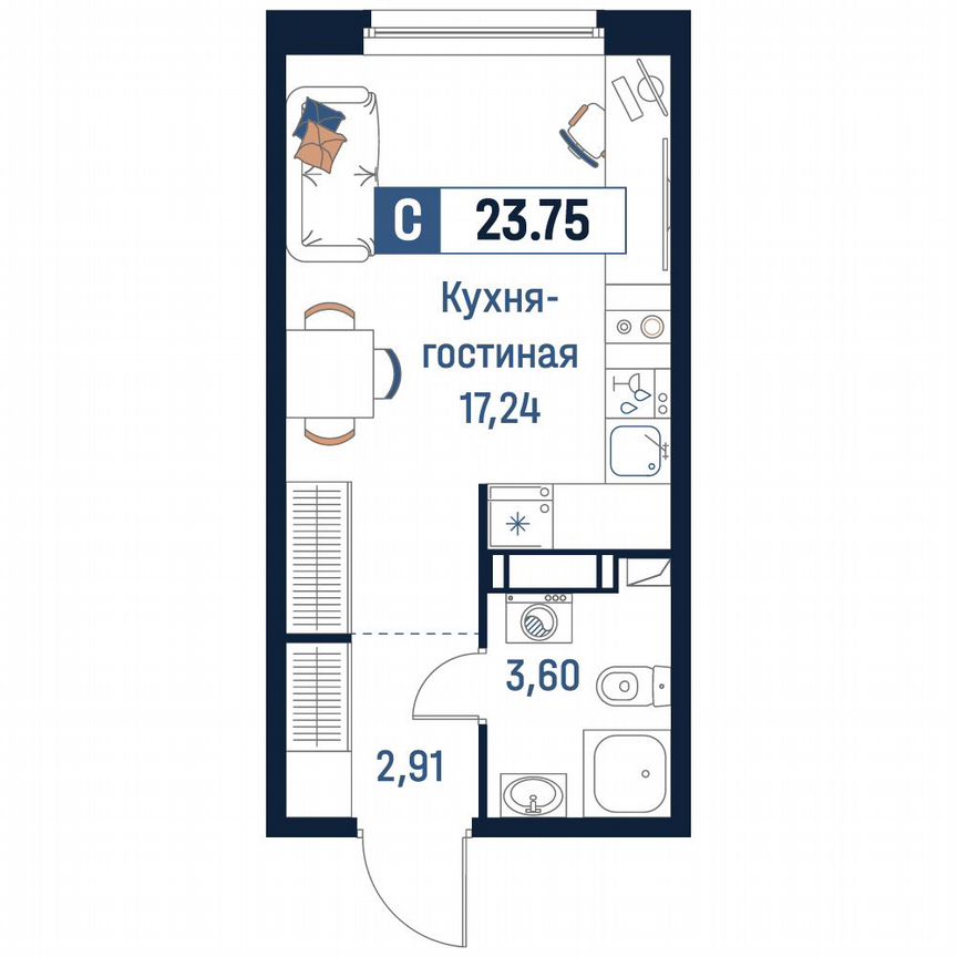 Квартира-студия, 23,8 м², 12/18 эт.