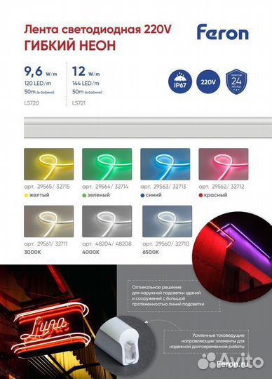 Лента светодиодная неоновая LS721 12Вт/м 50м IP67