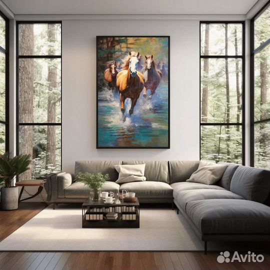 Картина маслом в интерьере Табун диких лошадей