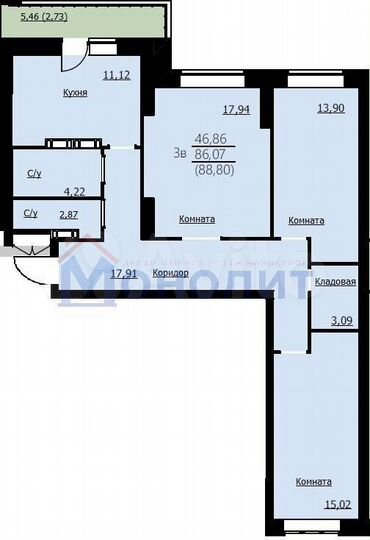 3-к. квартира, 88,8 м², 10/10 эт.