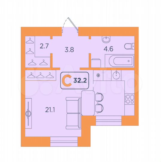 Квартира-студия, 32,2 м², 1/14 эт.