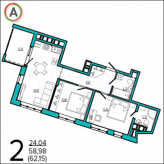 2-к. квартира, 62,2 м², 6/16 эт.