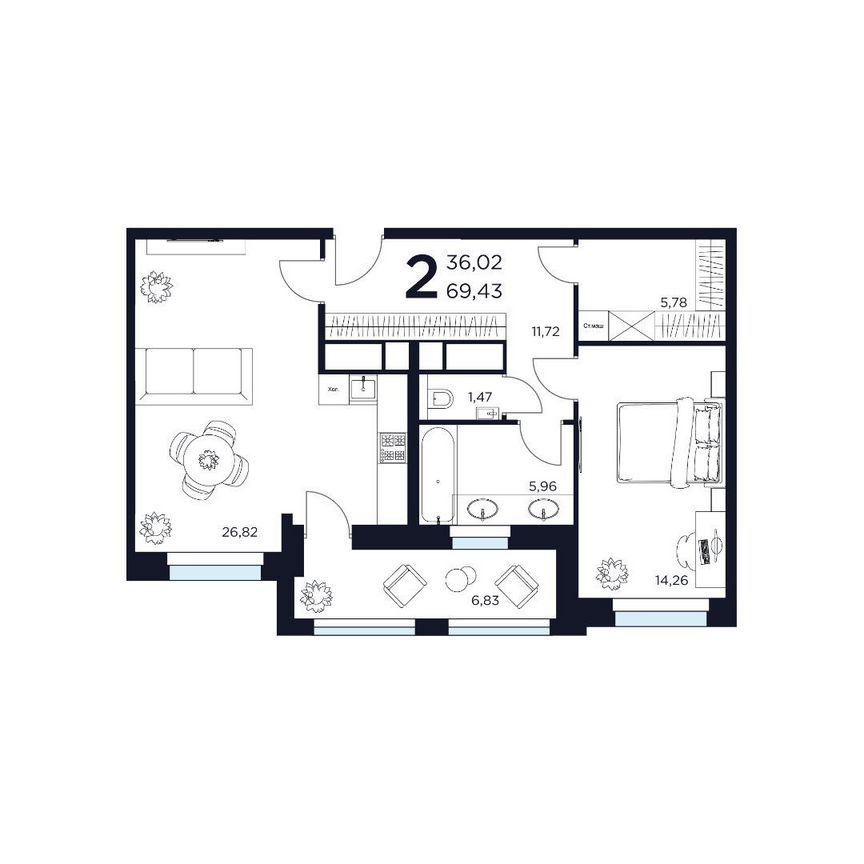 2-к. квартира, 69,4 м², 2/15 эт.
