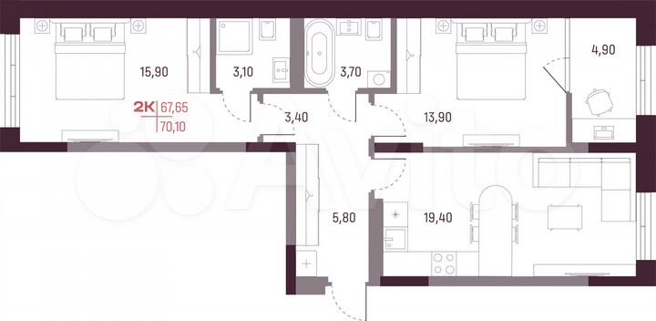 2-к. квартира, 67,7 м², 11/25 эт.