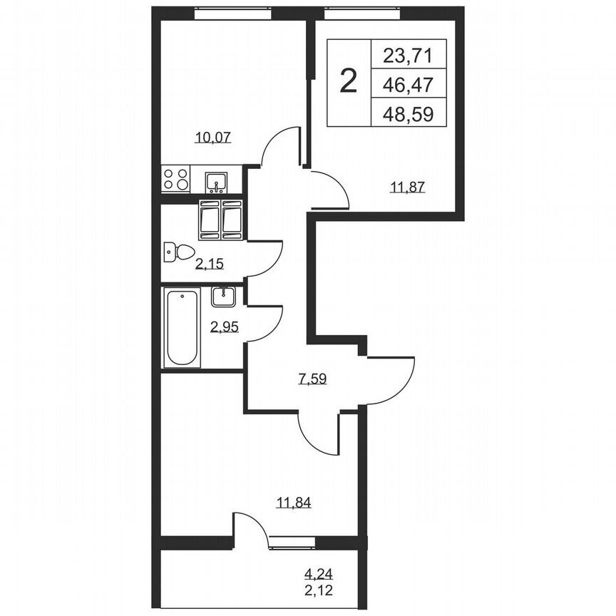 2-к. квартира, 48,6 м², 15/19 эт.