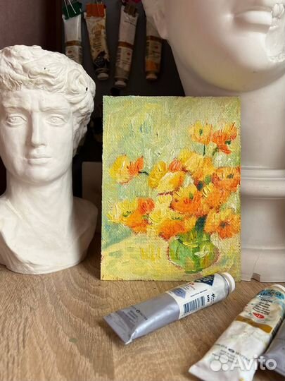 Картина маслом желтые цветы одуванчики
