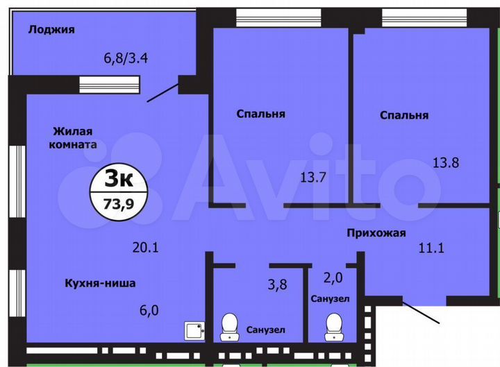 3-к. квартира, 73,9 м², 3/19 эт.