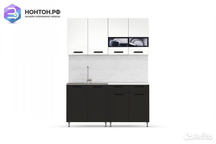Кухня Рио 1.6 м белый глянец / черный глянец