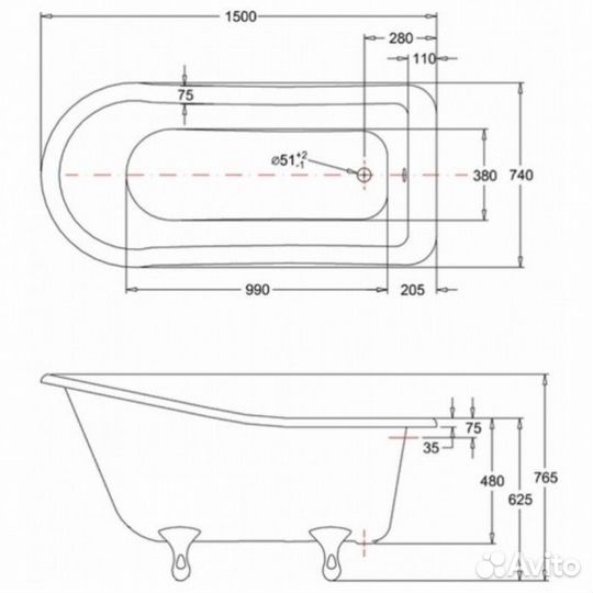 Ванна Burlington Buckingham Slipper E6+E10 CHR