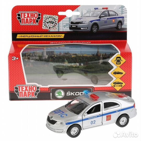 Машина Skoda Rapid Полиция 12 см серебристая металл инерция Технопарк SB-18-22-SR-P-WB