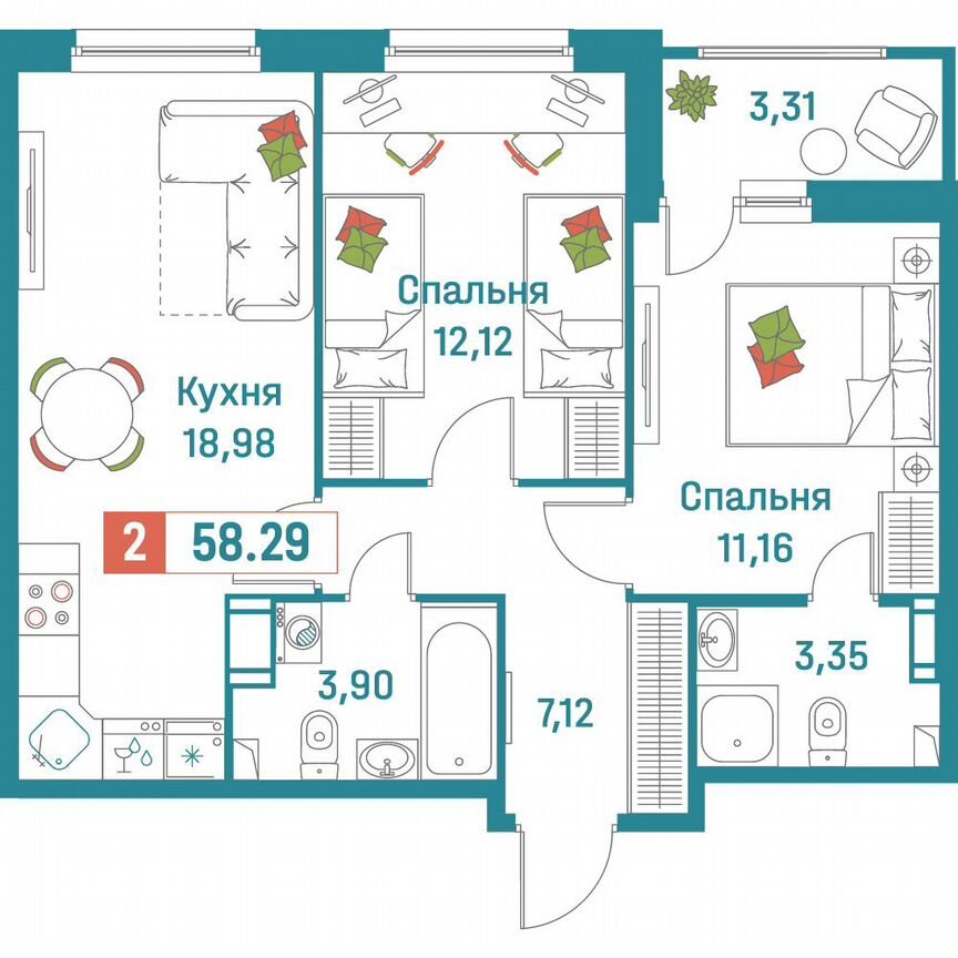2-к. квартира, 58,3 м², 6/18 эт.