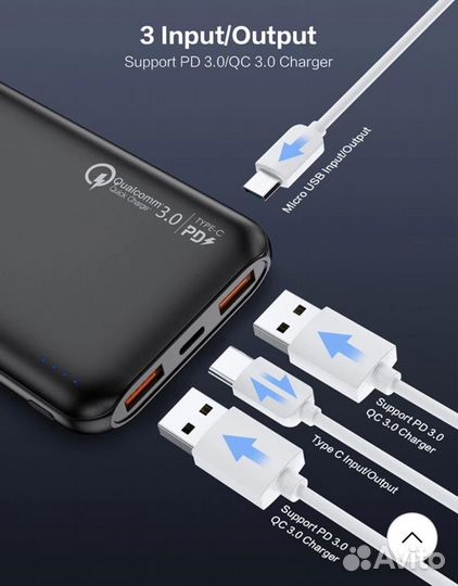 Power Bank 10000мАн, Быстрая зарядка 18W