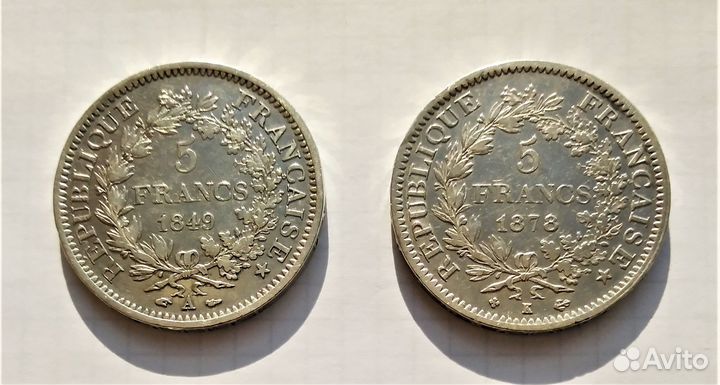 Франция 5 франков 1849А,1878К / крупное серебро