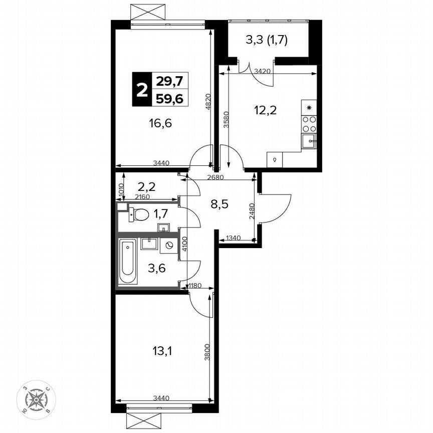 2-к. квартира, 59,6 м², 14/14 эт.