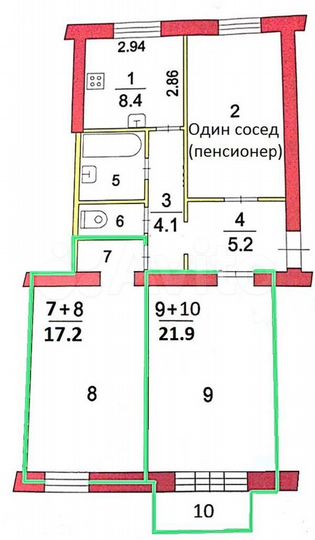 Комната 19,7 м² в 3-к., 2/3 эт.