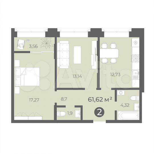 2-к. квартира, 61,6 м², 1/16 эт.